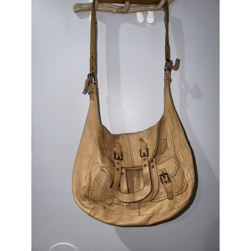 Carla Mancini Tan Smooth Leather Satchel Hobo Shoulder Flap Fold Over Boho Bag F